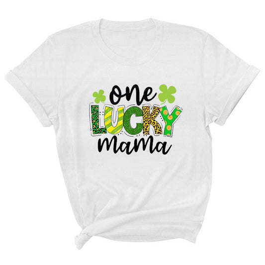 Camiseta informal de manga corta con cuello redondo y estampado de letras "One Lucky Mama" para mujer