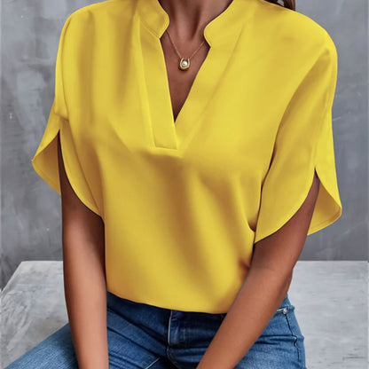 Women Summer V-Neck Shirt Solid Color Casual Short-Sleeved Pullover Office Blouse
