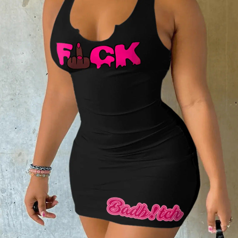 Vestido mini de tirantes sin mangas con cuello en U y estampado de letras para mujer