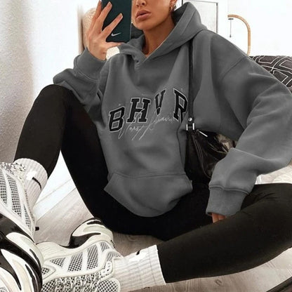 Women Fashion Casual Letter Printing Velvet Warm Long Sleeve Hooded Sweatshirt