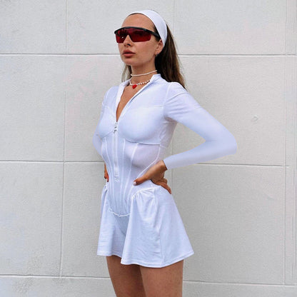 Women Fashion Casual Solid Color Zipper Plastic Waist Rompers
