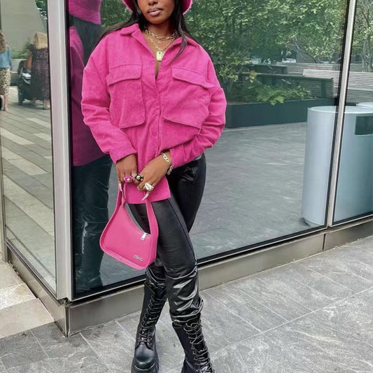 Autumn Women Fashion Solid Color Loose Casual Pocket Corduroy Jacket