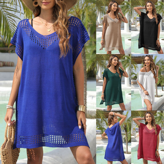 Summer Women Fashion Casual V-Neck Knitted Hollow Bikini Swimsuit Cover-Ups