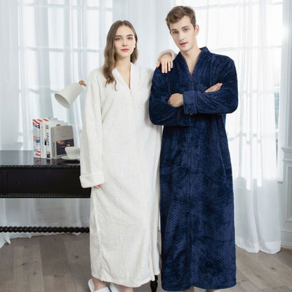 Couples Winter Fashion Casual Home Solid Color Flannel V Neck Long Sleeve Zipper Robes Sleepwear