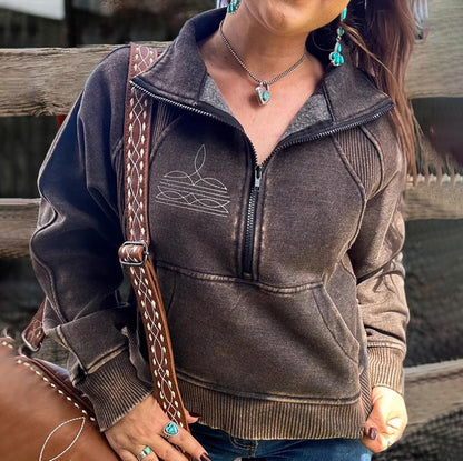 Sudadera informal con solapa estampada y manga larga con cremallera y costuras para mujer