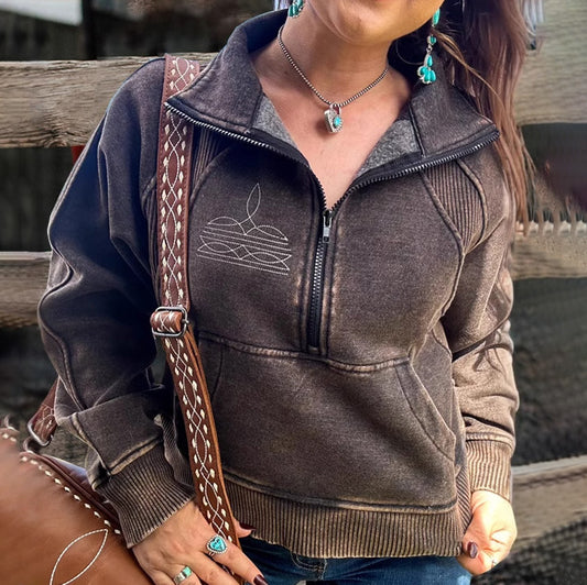 Sudadera informal con solapa estampada y manga larga con cremallera y costuras para mujer