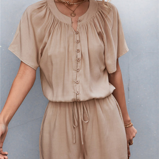 Women Solid Color Pleated Tie Button Casual Rompers
