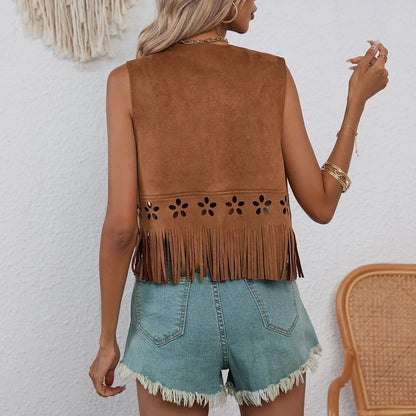 Women Fashion Retro Casual Tassel Hollow Vest