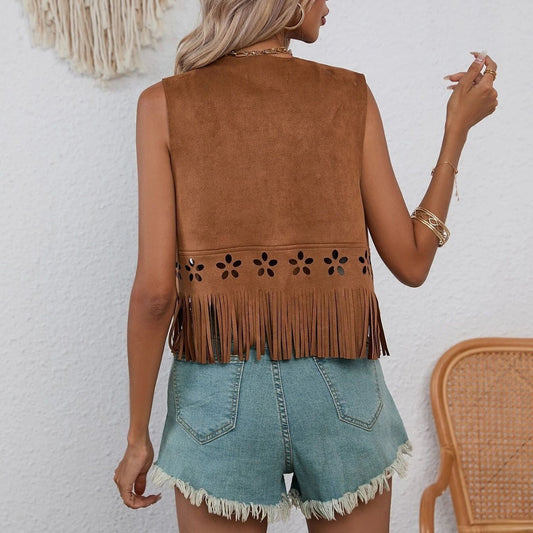 Chaleco con borlas huecas, estilo retro e informal para mujer