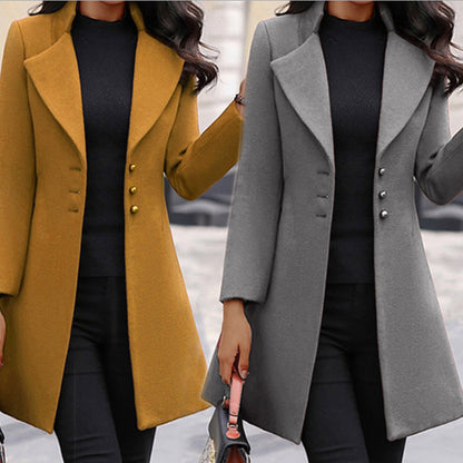 Autumn Winter Women Fashion Casual Solid Color Lapel Woolen Mid-Length Long Sleeve Blazers