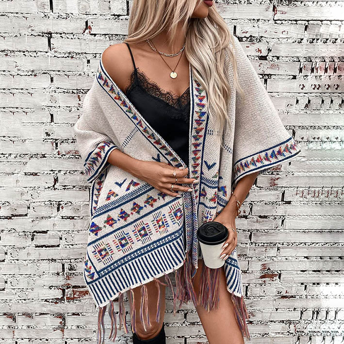Capa con borlas de jacquard geométrico informal a la moda para mujer, estilo occidental, otoño e invierno