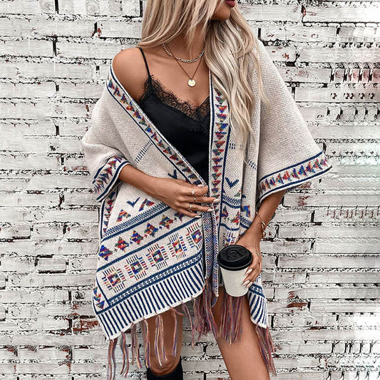 Capa con borlas de jacquard geométrico informal a la moda para mujer, estilo occidental, otoño e invierno