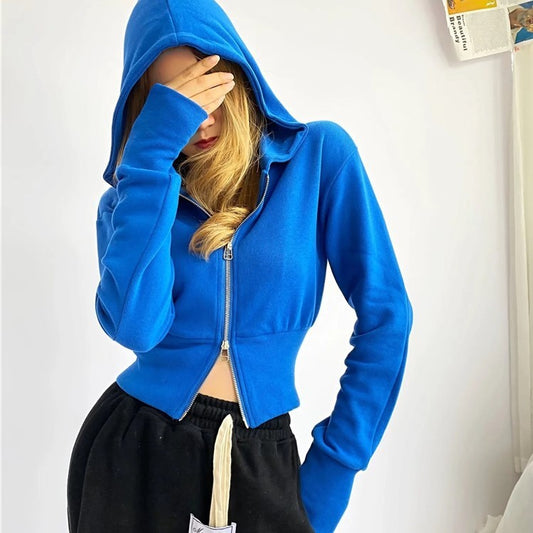 Sudadera con capucha de manga larga con cremallera doble holgada informal a la moda para mujer
