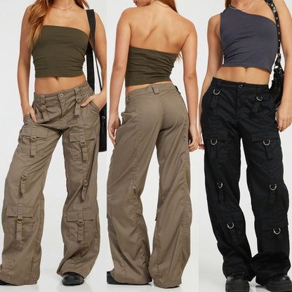Women Fashion Casual Solid Color Loose Straight Leg Cargo Pants