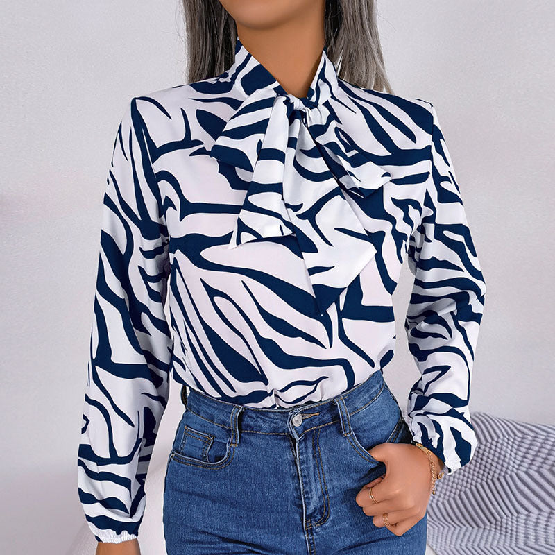 Women Fashion Casual Color Block Stripe Lace-Up Lantern Sleeve Chiffon Top
