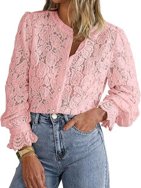 Women Fashion Casual Lace Shirt Long Sleeve Button Solid Color Blouse