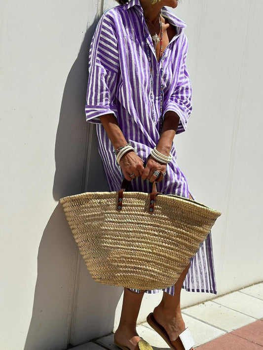 Women Casual Lapel Stripe Shirt Split Dress