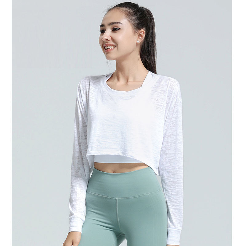Top deportivo corto informal, holgado, transpirable, de color sólido y manga larga para mujer