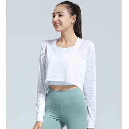 Top deportivo corto informal, holgado, transpirable, de color sólido y manga larga para mujer