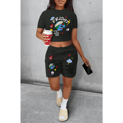 Conjunto informal de dos piezas de camiseta y pantalones cortos de manga corta con estampado de la Tierra para mujer de verano