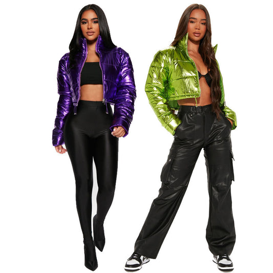 Abrigo corto con cremallera y cuello alto de color liso informal para mujer, moda Otoño Invierno