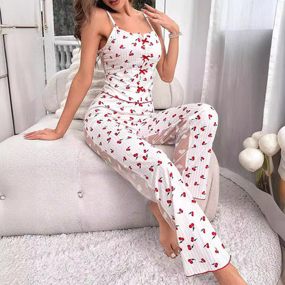 Conjunto de pijama de dos piezas con camisola estampada informal para mujer, pantalones de malla