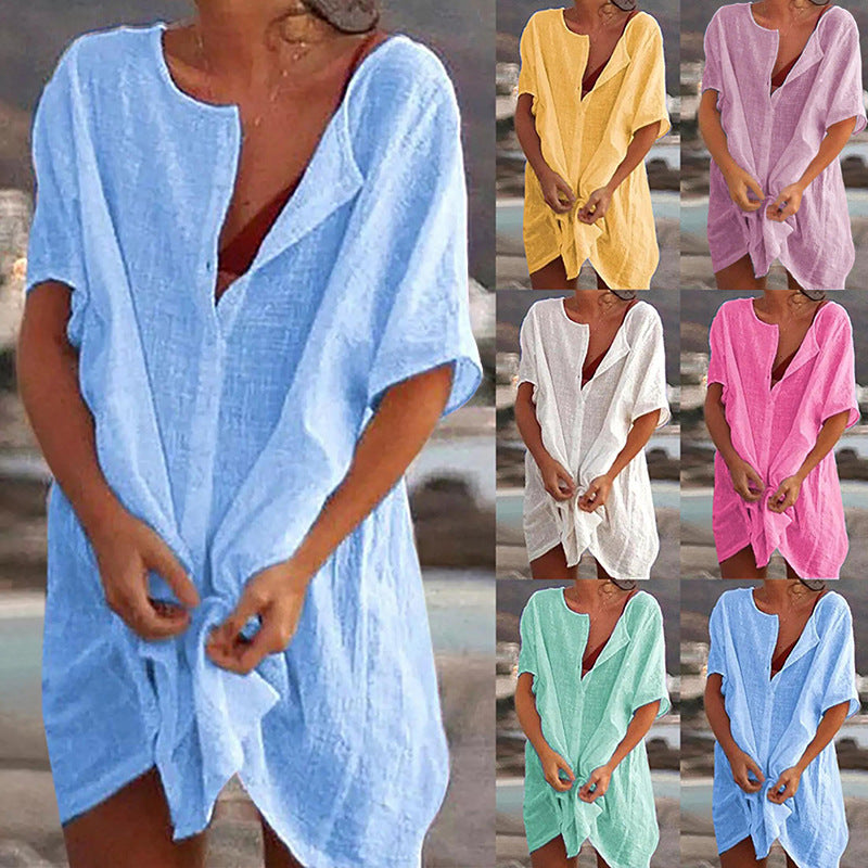 Blusa holgada informal de manga corta para mujer, color liso, para playa y vacaciones