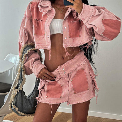 Conjunto de falda vaquera con solapa en contraste informal de otoño para mujer