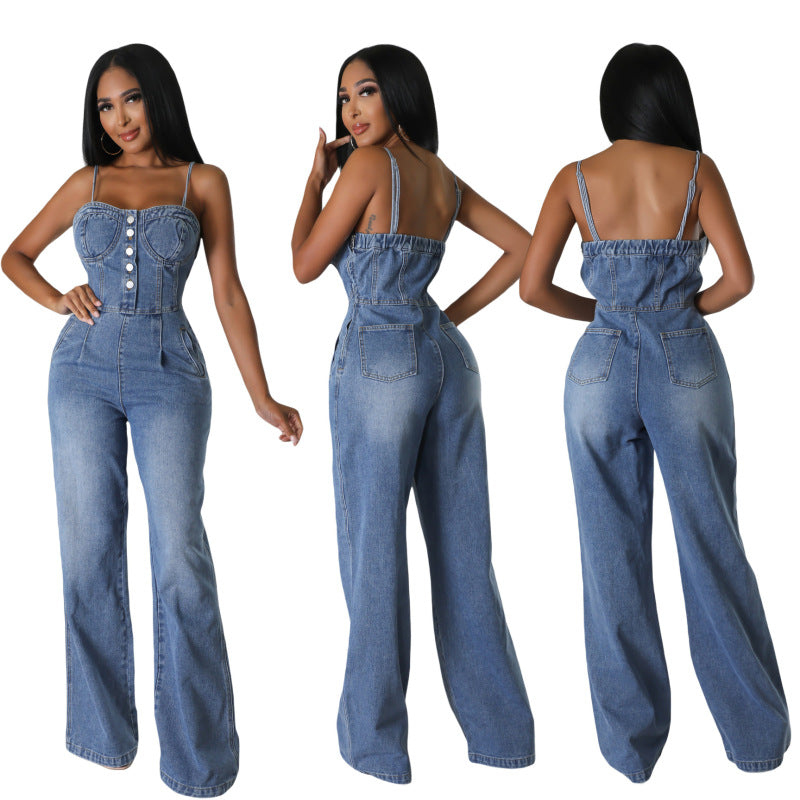 Women Fashion Casual Denim Suspenders Jumpsuits