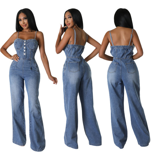 Women Fashion Casual Denim Suspenders Jumpsuits