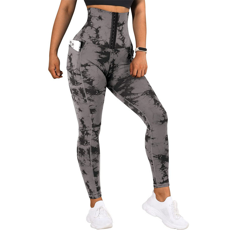 Women Fashion Casual Tight Tie-Dye High-Waist Pocket Yoga Pants