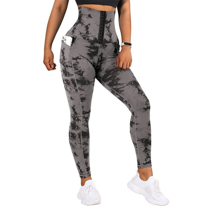 Women Fashion Casual Tight Tie-Dye High-Waist Pocket Yoga Pants