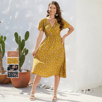 Women Casual Chiffon V-Neck Floral Printing Drawstring Waist Short Sleeve Dress