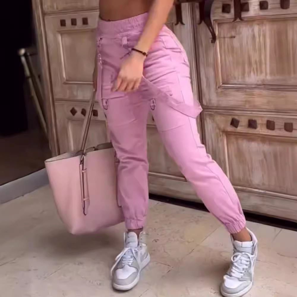 Women Fashion Casual Solid Color Multi-Pocket High Waist Slim-Fit Pants