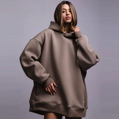 Sudadera con capucha de manga larga para mujer, informal, holgada, de color liso, para otoño e invierno