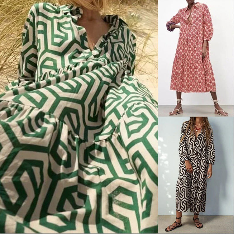 Vestido largo holgado con estampado geométrico estilo bohemio informal