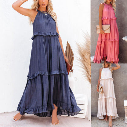 Summer Women Casual Solid Color Sleeveless Ruffled Holiday Tiered Dress