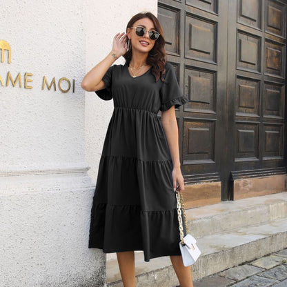 Women'S Casual Solid Color V-Neck Dress