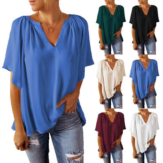 Camisa informal de verano para mujer con cuello en V y color liso