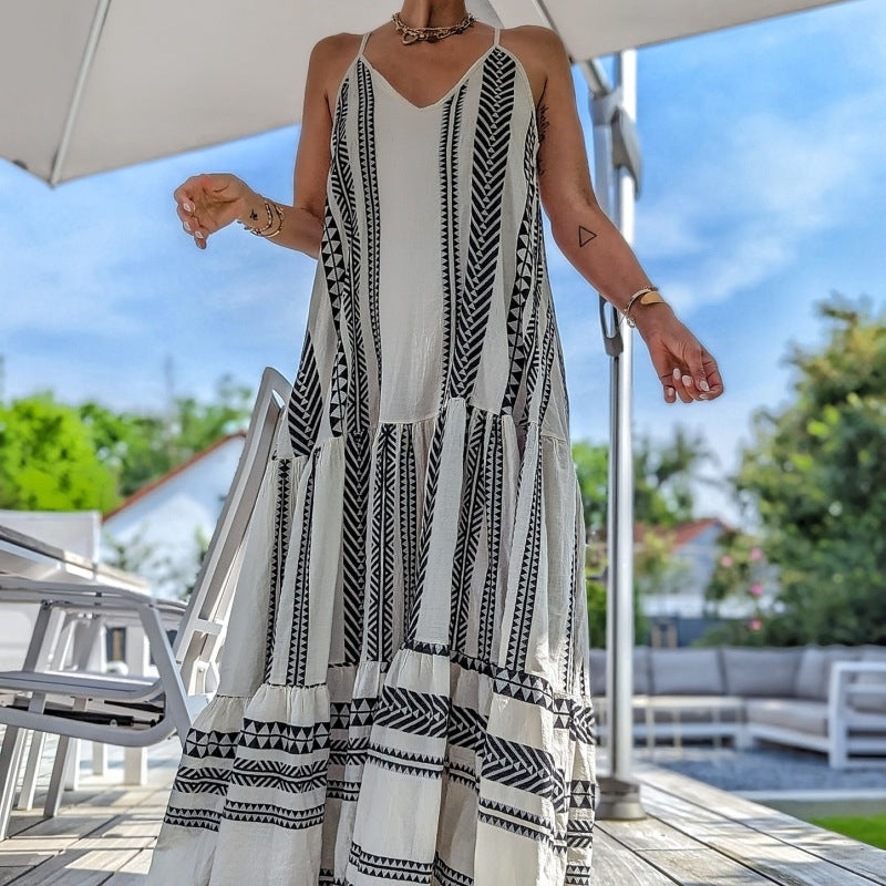Vestido largo informal con cuello en V y estampado geométrico para mujer
