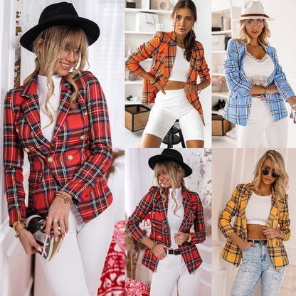 Chaqueta de traje con botones a cuadros informal de moda para mujer