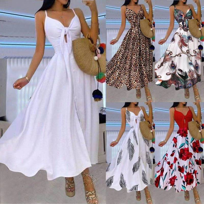 Women Casual Sexy Vacation Floral Print Knit Strap Swing Maxi Dress