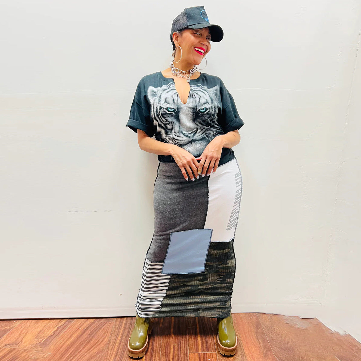 Women Fashion Casual Splicing Printed V-Neck Short-Sleeve Slim Fit Dress