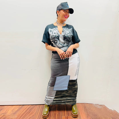 Women Fashion Casual Splicing Printed V-Neck Short-Sleeve Slim Fit Dress