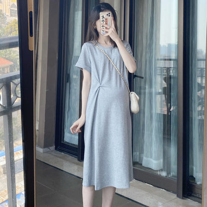 Pregnant Women Casual Solid Color Round Neck Short Sleeve Loose Dress