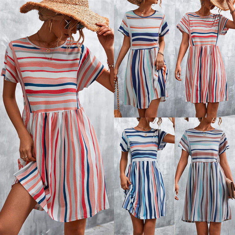 Summer Women Casual Elegant Stripe Print Color Blocking Dress