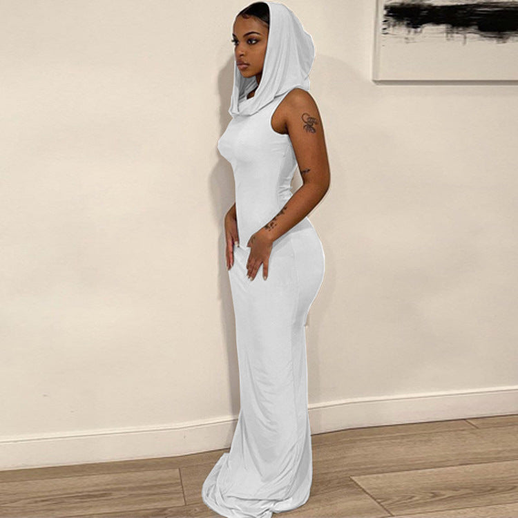 Women Fashion Casual Solid Color Hooded Elastic Sleeveless Slim Dress