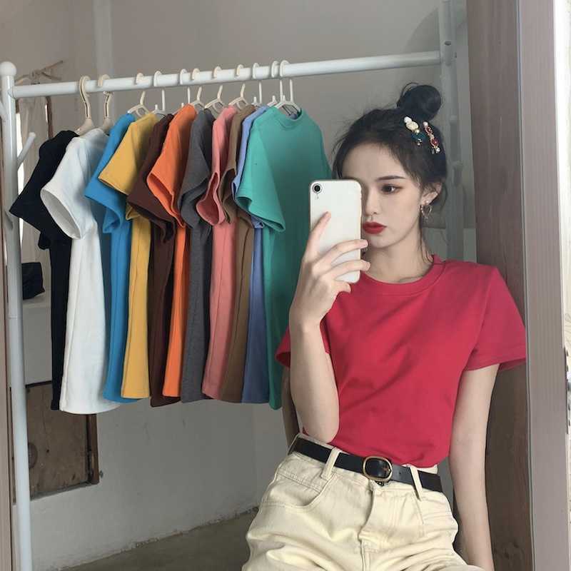 Camiseta informal de manga corta con cuello redondo y color liso para mujer