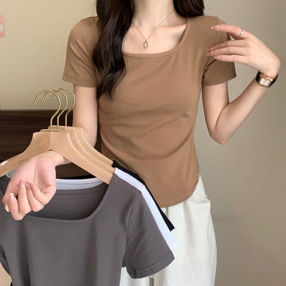 Camiseta informal de manga corta con cuello en U y color liso para mujer