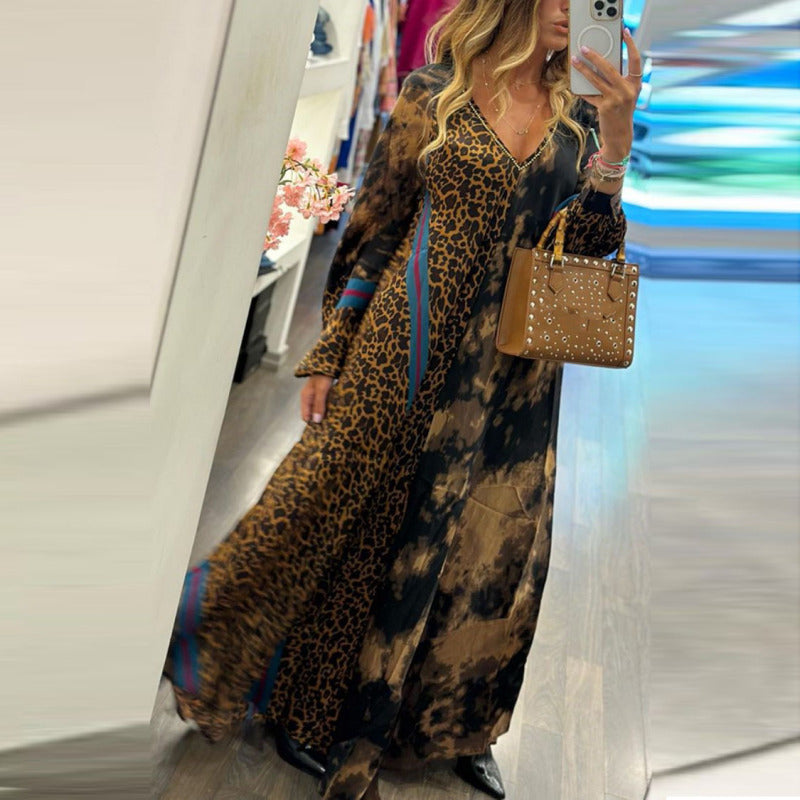 Women Casual Loose V-Neck Leopard Print Long Sleeve Maxi Dress